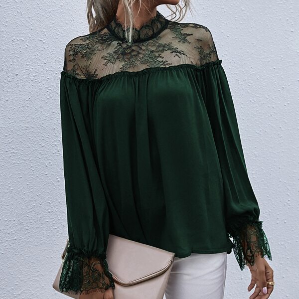 

Mock Neck Contrast Lace Blouse, Dark green