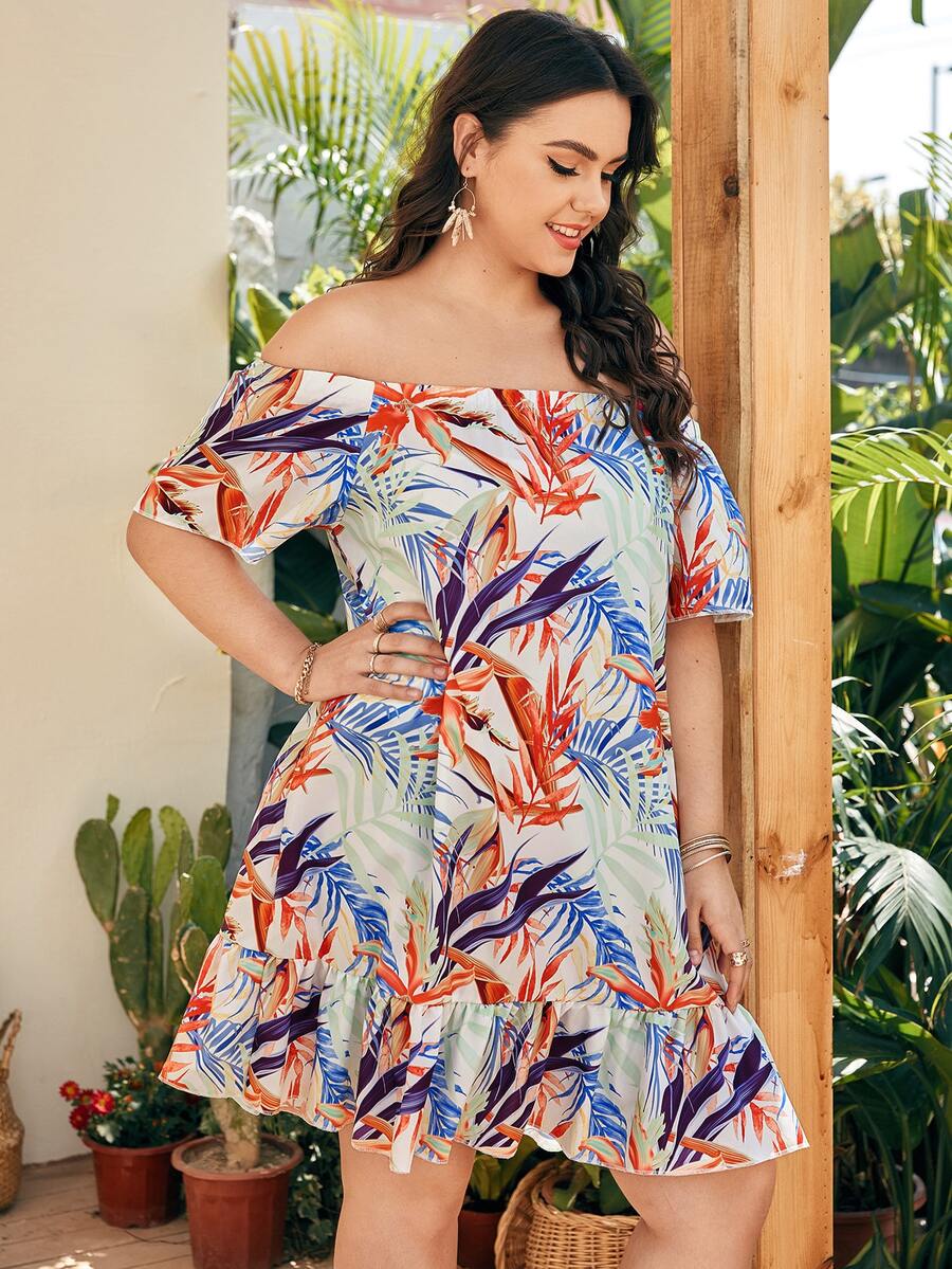 Plus Tropical Print Ruffle Hem Bardot Dress - Multicolor - View 1