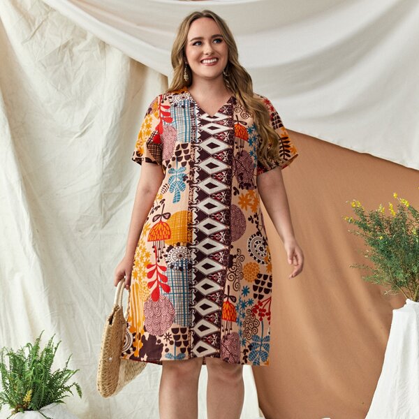 

Plus Geo And Floral Print Tunic Dress, Multicolor