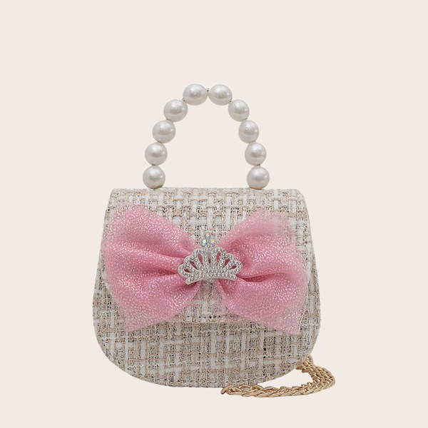 

Girls Faux Pearl & Bow Decor Satchel Bag, Beige