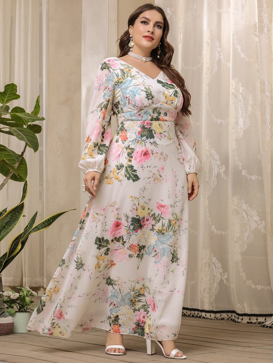 Modelyn 大码花卉 V 领主教袖连衣裙