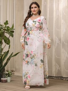 Modelyn 大码花卉 V 领主教袖连衣裙