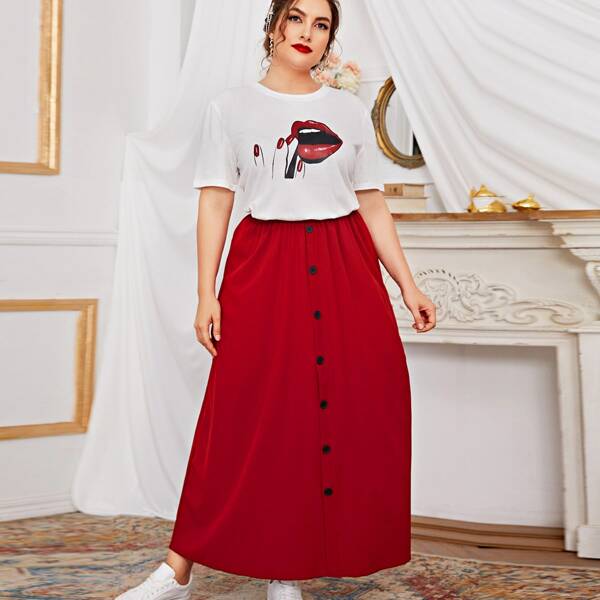 

Plus Lip Print Tee With Button Front Skirt, Red and white