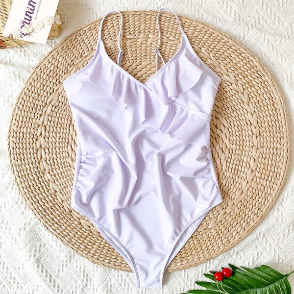 

Maternity Ruffle Trim One Piece Swimsuit, White