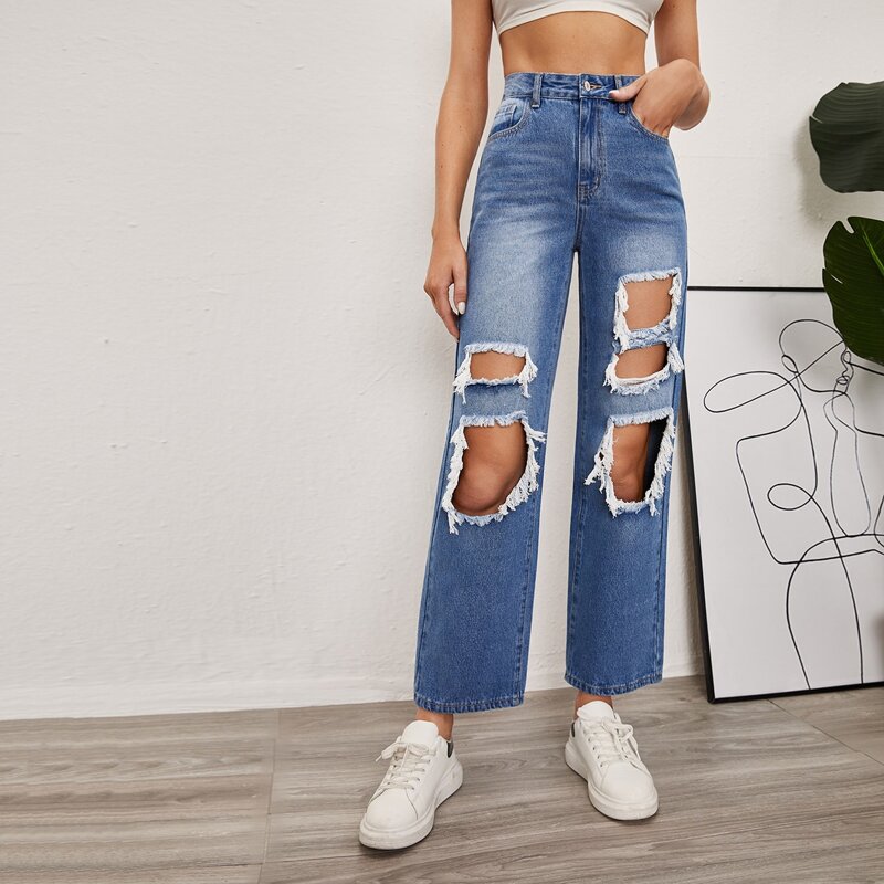 

High Waist Ripped Wide Leg Jeans, Medium wash