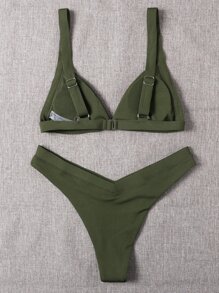 Rib Triangle High Cut Bikini Set, For Summer Beach Vacation - Army Green - View 2