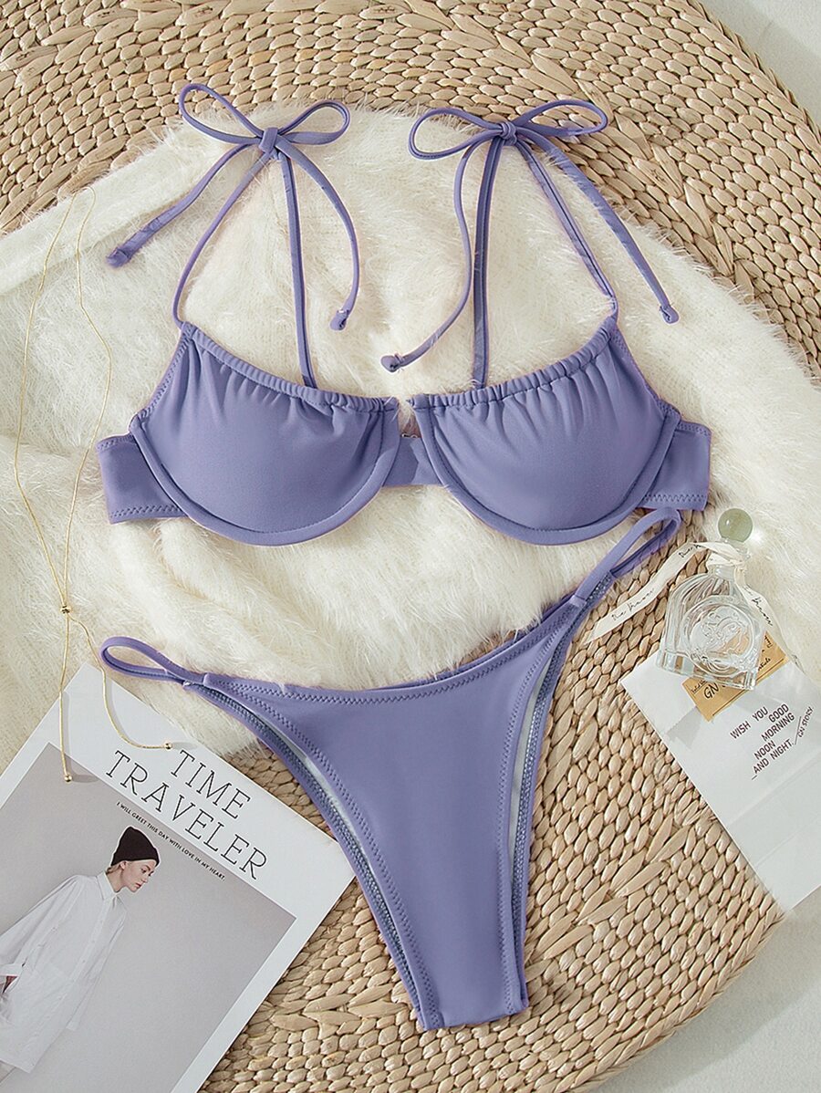 Conjunto de bikini con tanga y soporte de alambre con tirantes - Púrpura malva - Ver 1