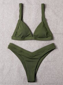 Rib Triangle High Cut Bikini Set, For Summer Beach Vacation - Army Green - View 4