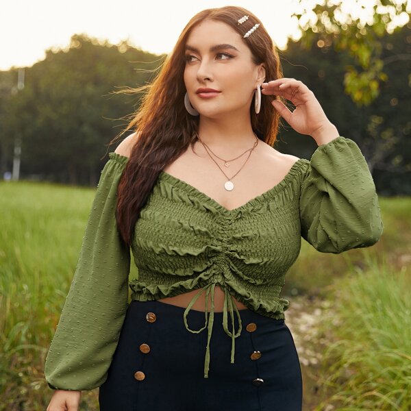 

Plus Solid Shirred Drawstring Front Crop Top, Army green