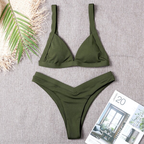 

Rib Triangle High Cut Bikini Swimsuit, Army green