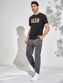 Manfinity 男士刺繡圖案腰部抽繩褲子 - 深灰色 - 查看 3