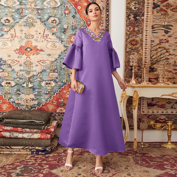 

Floral Embroidered Bell Sleeve Satin Dress, Violet purple