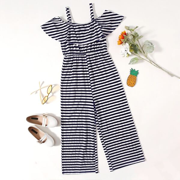 

Girls Cold Shoulder Striped Jumpsuit, Blue and white