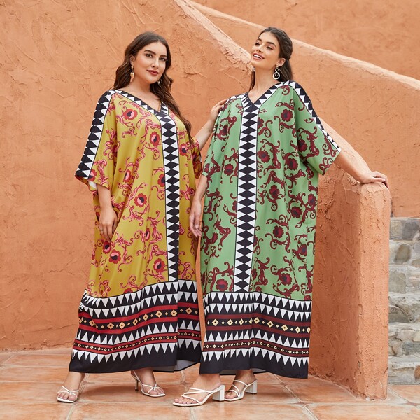 

1pc Baroque and Geo Print Kaftan, Multicolor