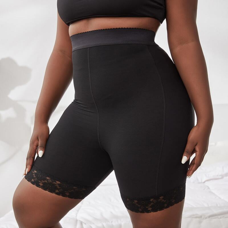 

Plus Lace Trim Shapewear Shorts, Black