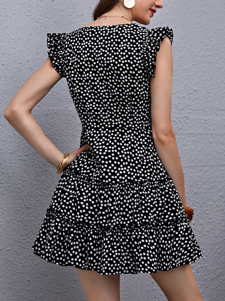 SHEIN Clasi Plissado Florzinhas Boho Vestido - Preto e Branco - Visão 2