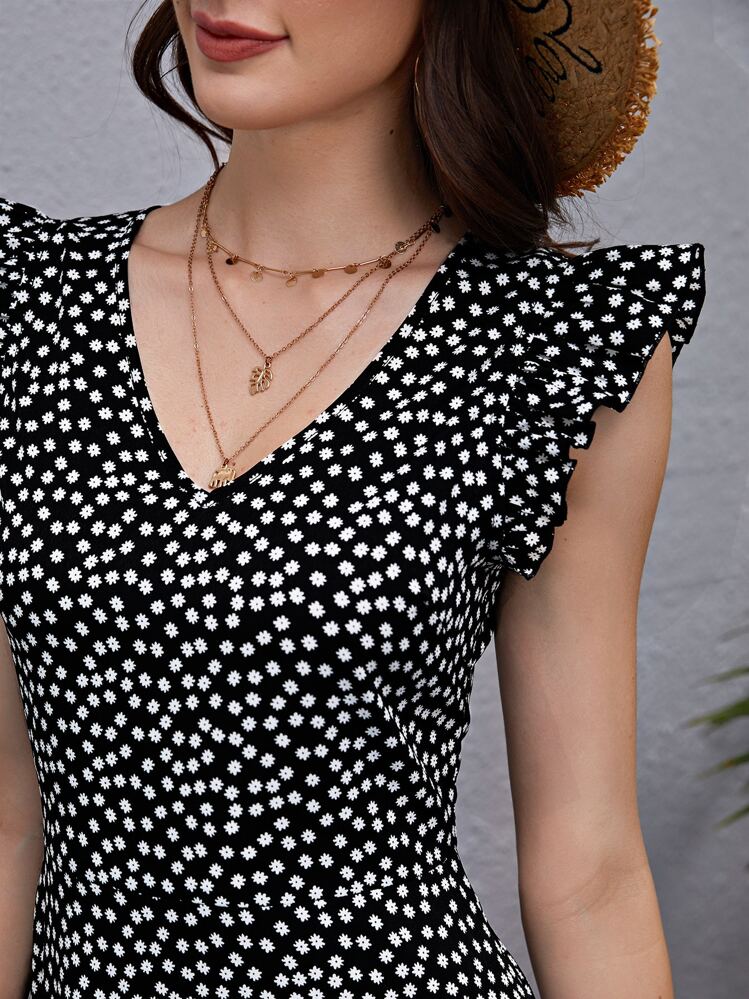 SHEIN Clasi Plissado Florzinhas Boho Vestido - Preto e Branco - Visão 6