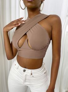 SHEIN SXY Cross Wrap Crop Tank Top - Khaki - View 1