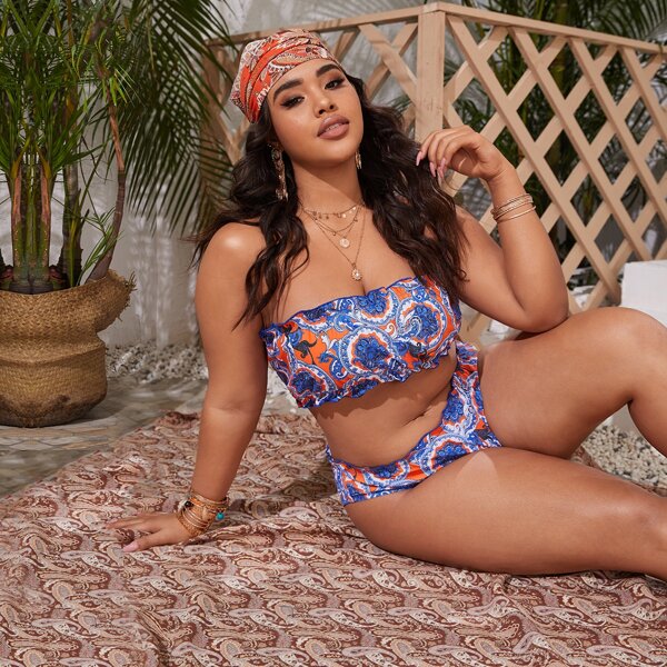 

Plus Floral Bandeau Bikini Swimsuit, Multicolor