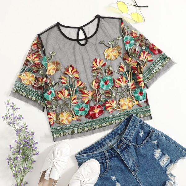 

Plus Floral Embroidery Mesh Sheer Top Without Top, Multicolor
