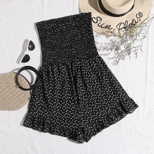 

Plus Confetti Heart Print Shirred Ruffle Hem Tube Romper, Black