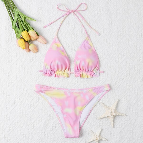 

Tie Dye Frill Trim Halter Bikini Swimsuit, Pink