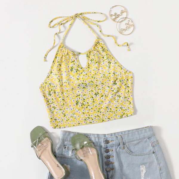 

Ditsy Floral Tie Back Halter Top, Yellow