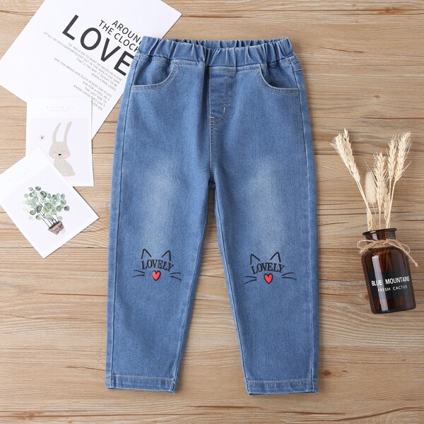 

Toddler Girls Letter & Cartoon Graphic Jeans, Medium wash