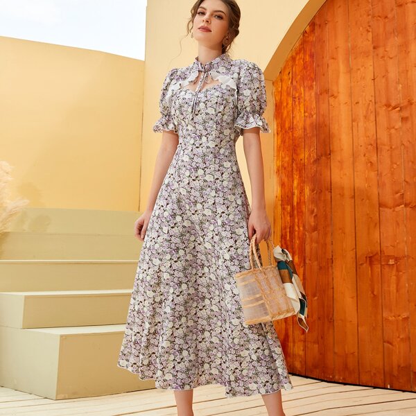 

Allover Floral Print Tie Neck Flounce Sleeve Dress, Multicolor