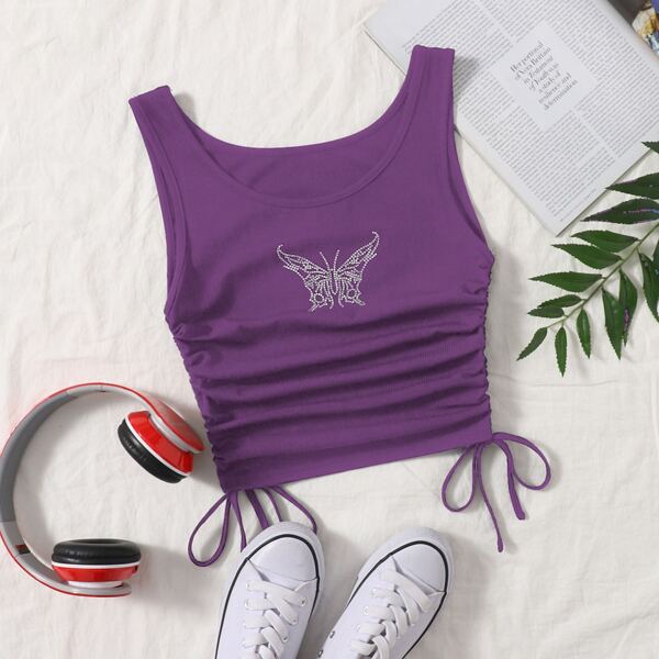 

Butterfly Rhinestone Ruched Drawstring Knot Crop Top, Purple
