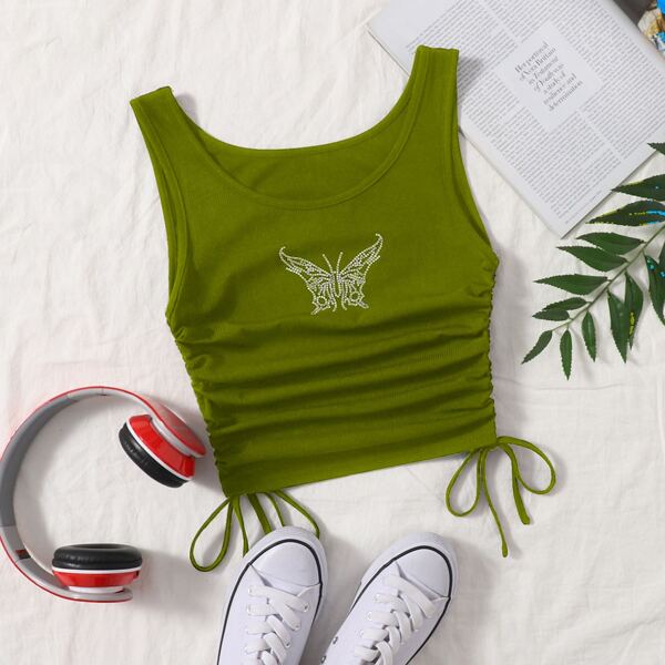 

Butterfly Rhinestone Ruched Drawstring Knot Crop Top, Olive green