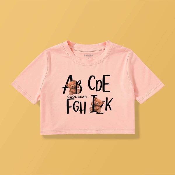 

Letter & Cartoon Graphic Crop Tee, Baby pink