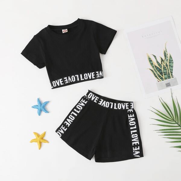 

Toddler Girls Letter Graphic Ribbed Tee & Shorts, Black
