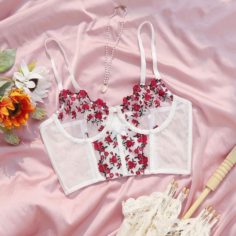 

Embroidery Mesh Underwire Bra, White