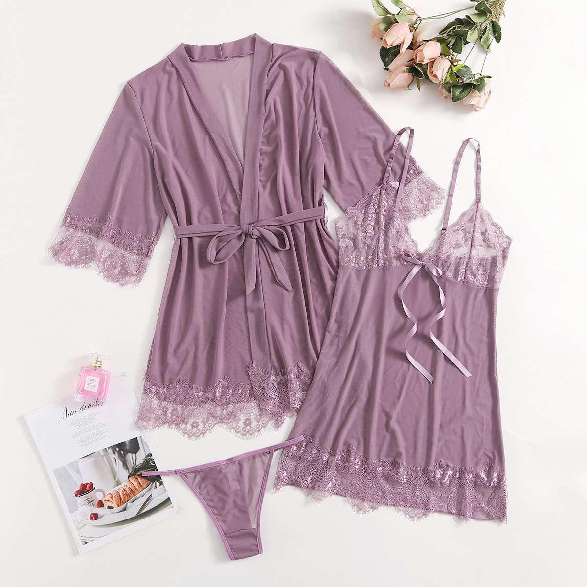 3шт Кружевная комбинация и халат с поясом