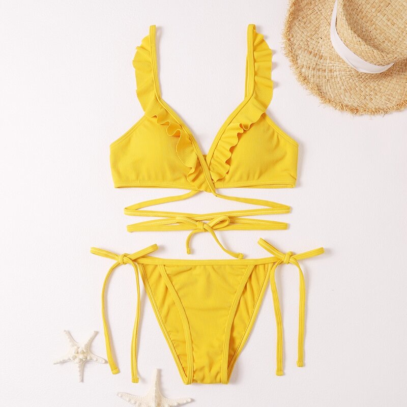

Ruffle Trim Crisscross Bikini Swimsuit, Yellow