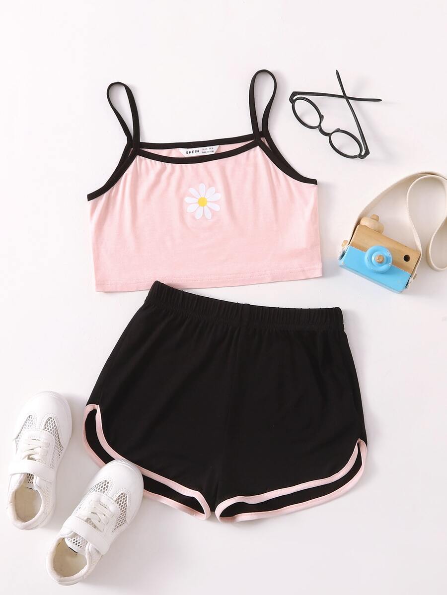 SHEIN Conjuntos para niñas Ribete en contraste Floral Deportivo - Multicolor - Ver 1