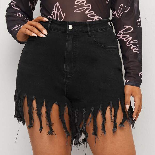

Plus High Waist Fringe Trim Denim Shorts, Black