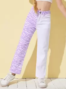 SHEIN Girls Zebra Striped Spliced Jeans - Multicolor - View 1