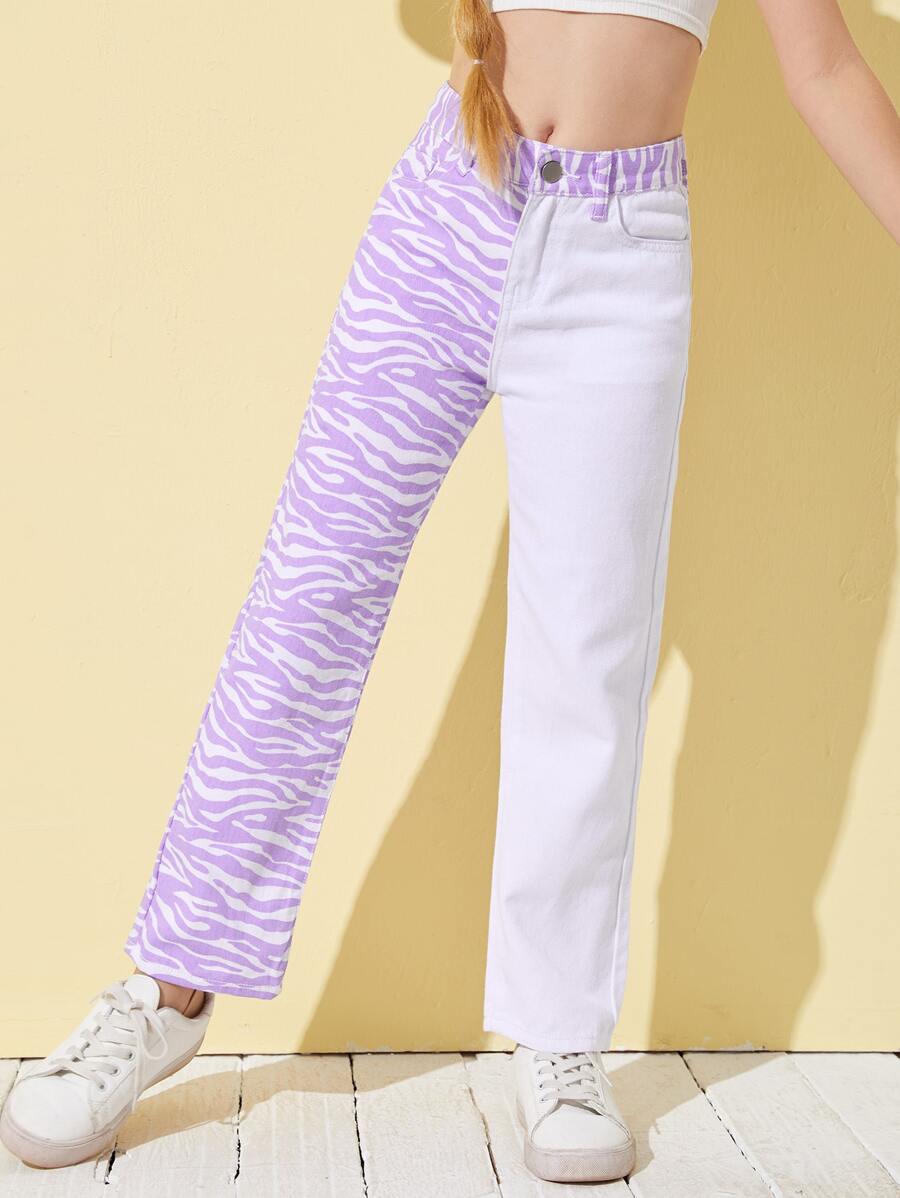 SHEIN Girls Zebra Striped Spliced Jeans - Multicolor - View 1