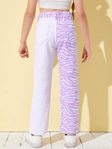 SHEIN Girls Zebra Striped Spliced Jeans - Multicolor - View 2