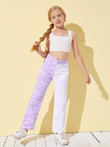 SHEIN Girls Zebra Striped Spliced Jeans - Multicolor - View 4