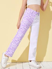 SHEIN Girls Zebra Striped Spliced Jeans - Multicolor - View 5