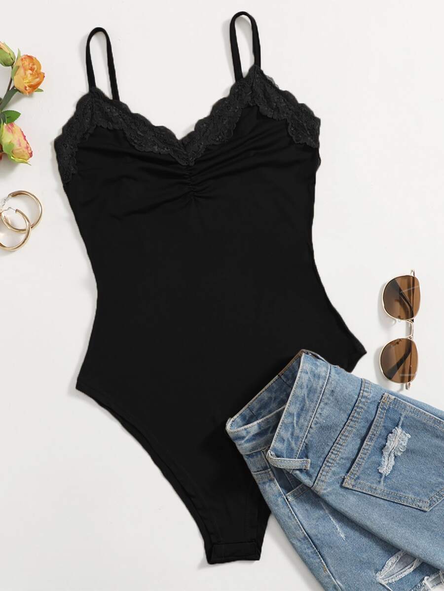 SHEIN Essnce Contrast Lace Ruched Cami Bodysuit