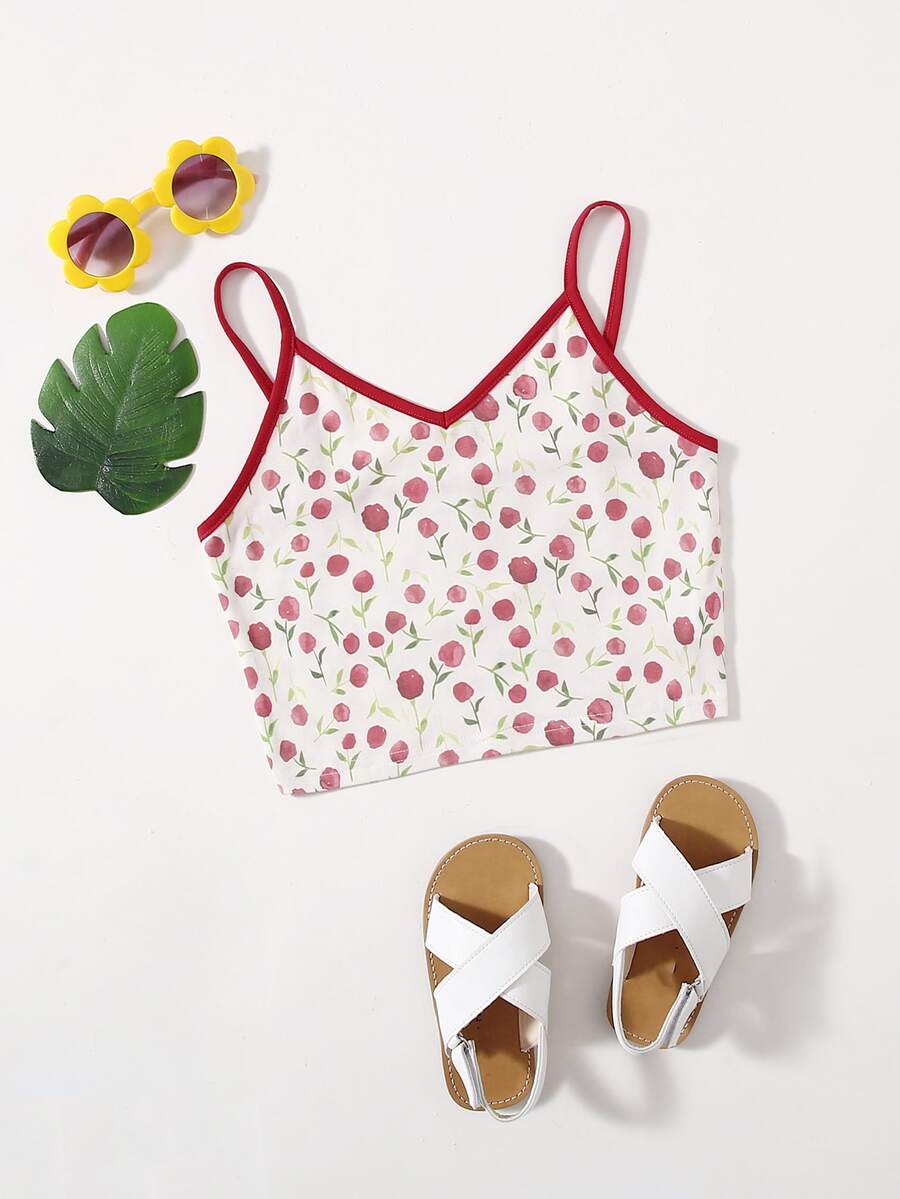 SHEIN Top Cami Para Niñas Con Estampado Floral Completo Y Cuello Anillado - Multicolor - Ver 1