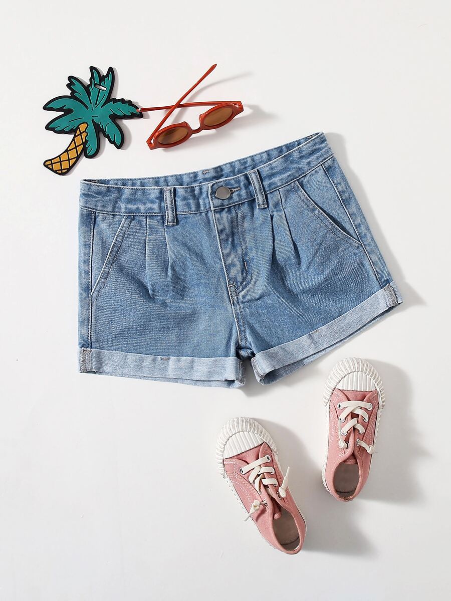 Shorts mezclilla bajo doblado con cremallera - Azul lavado medio - Ver 1