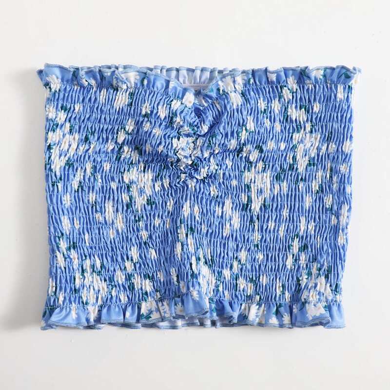 

Ditsy Floral Ruched Shirred Crop Tube Top, Blue