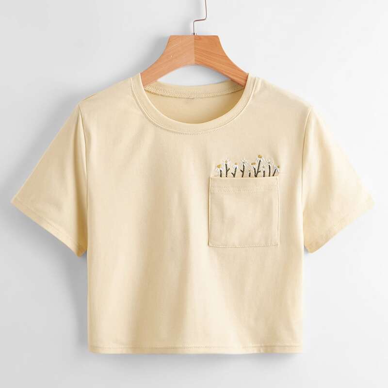 

Floral Embroidery Pocket Crop Tee, Beige