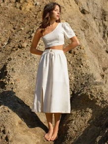 SHEIN 30% LINEN Drawstring Waist Split Thigh Skirt - Beige - View 3