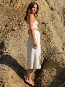 SHEIN 30% LINEN Drawstring Waist Split Thigh Skirt - Beige - View 4